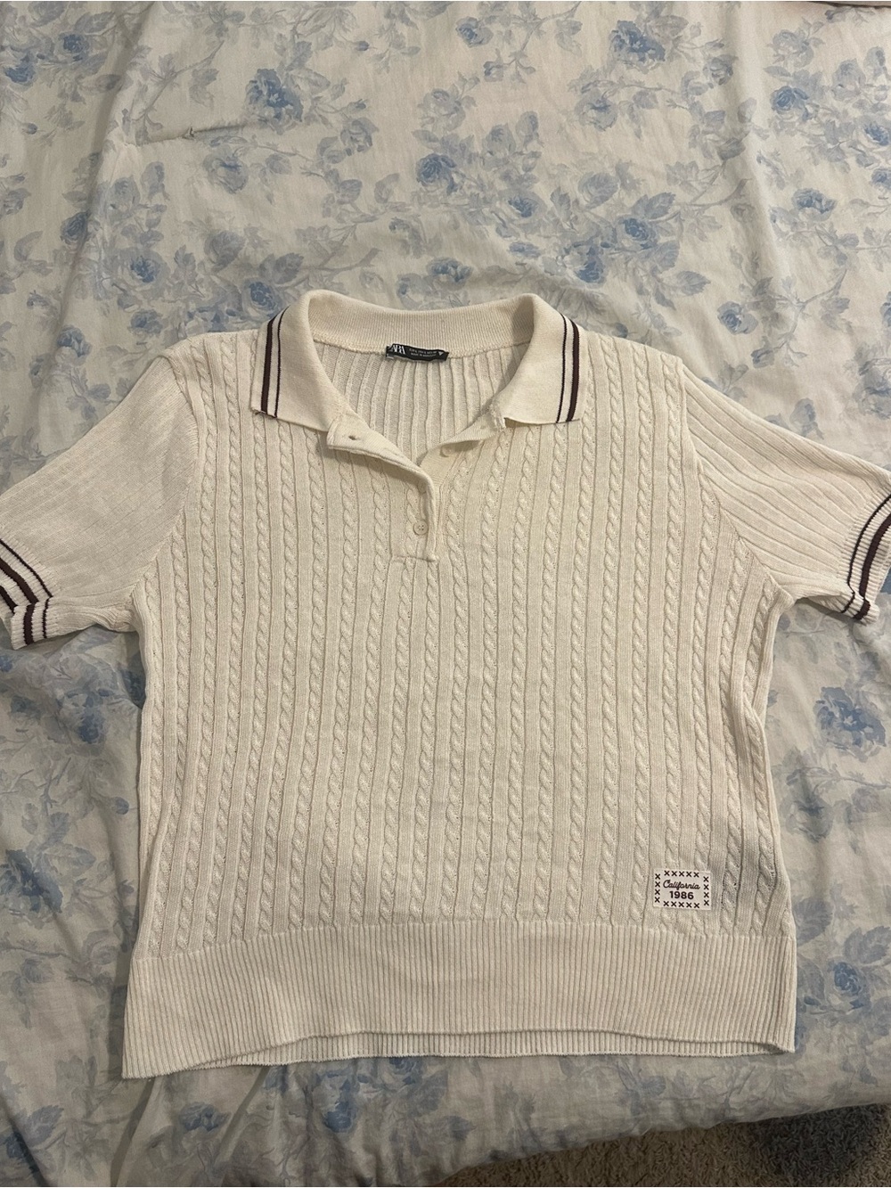 Zara Cream Short-Sleeve Cable-Knit Polo with Contrast Stripes